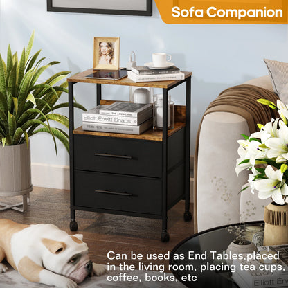 Black metal and wooden side table in a living room setting with a dog, plant, and decor items.