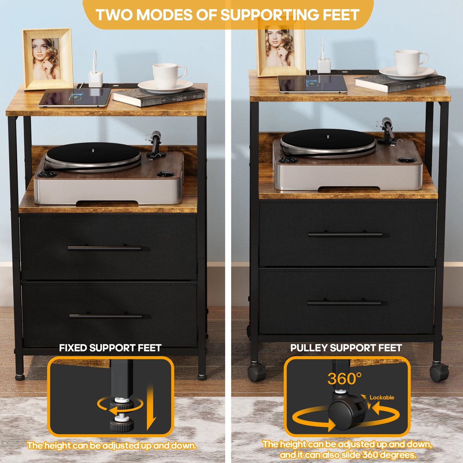 Turntable stand with adjustable support feet on a wooden surface.