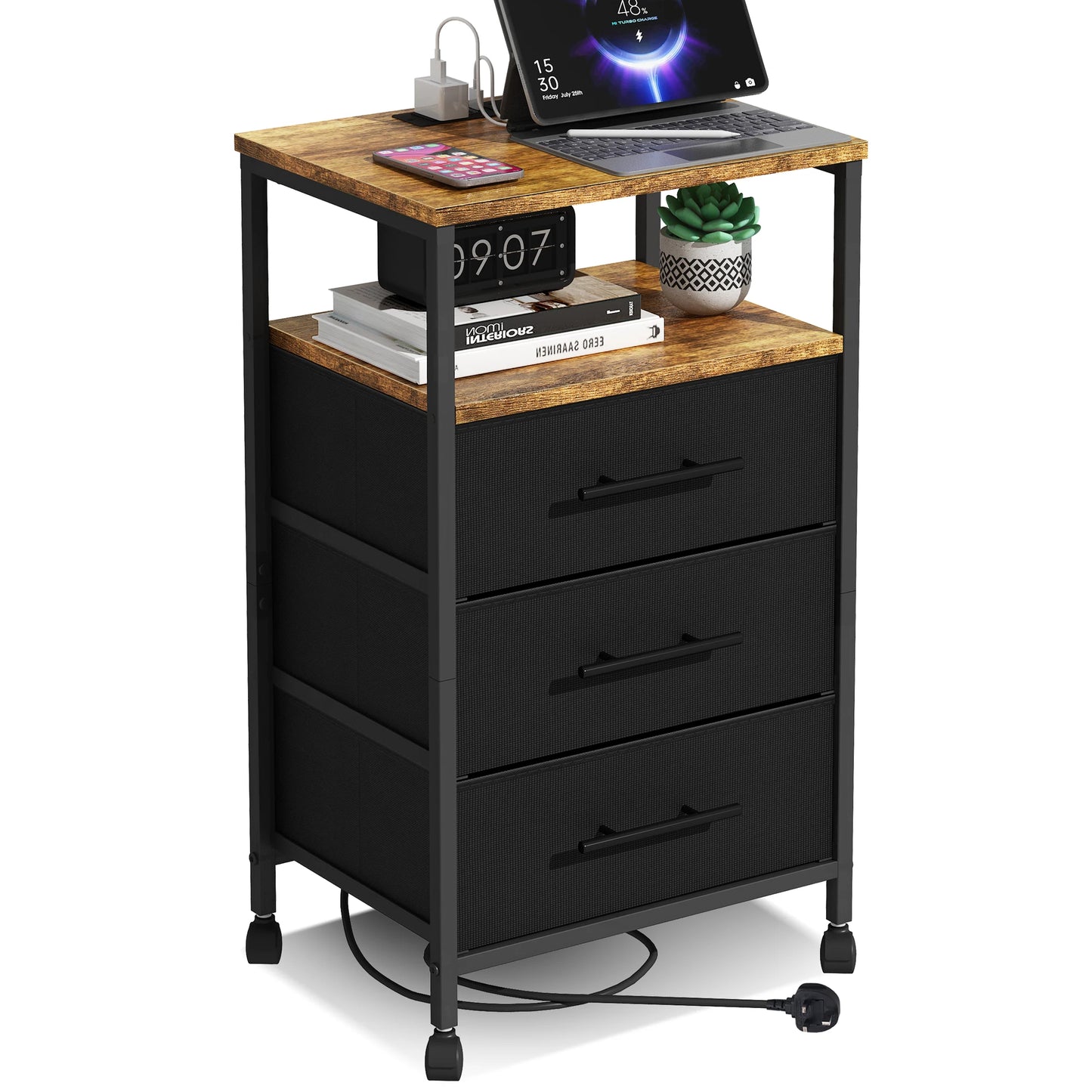 Black metal nightstand with wooden top featuring a laptop, books, and a clock.