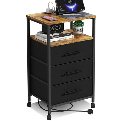 Black metal nightstand with wooden top featuring a laptop, books, and a clock.