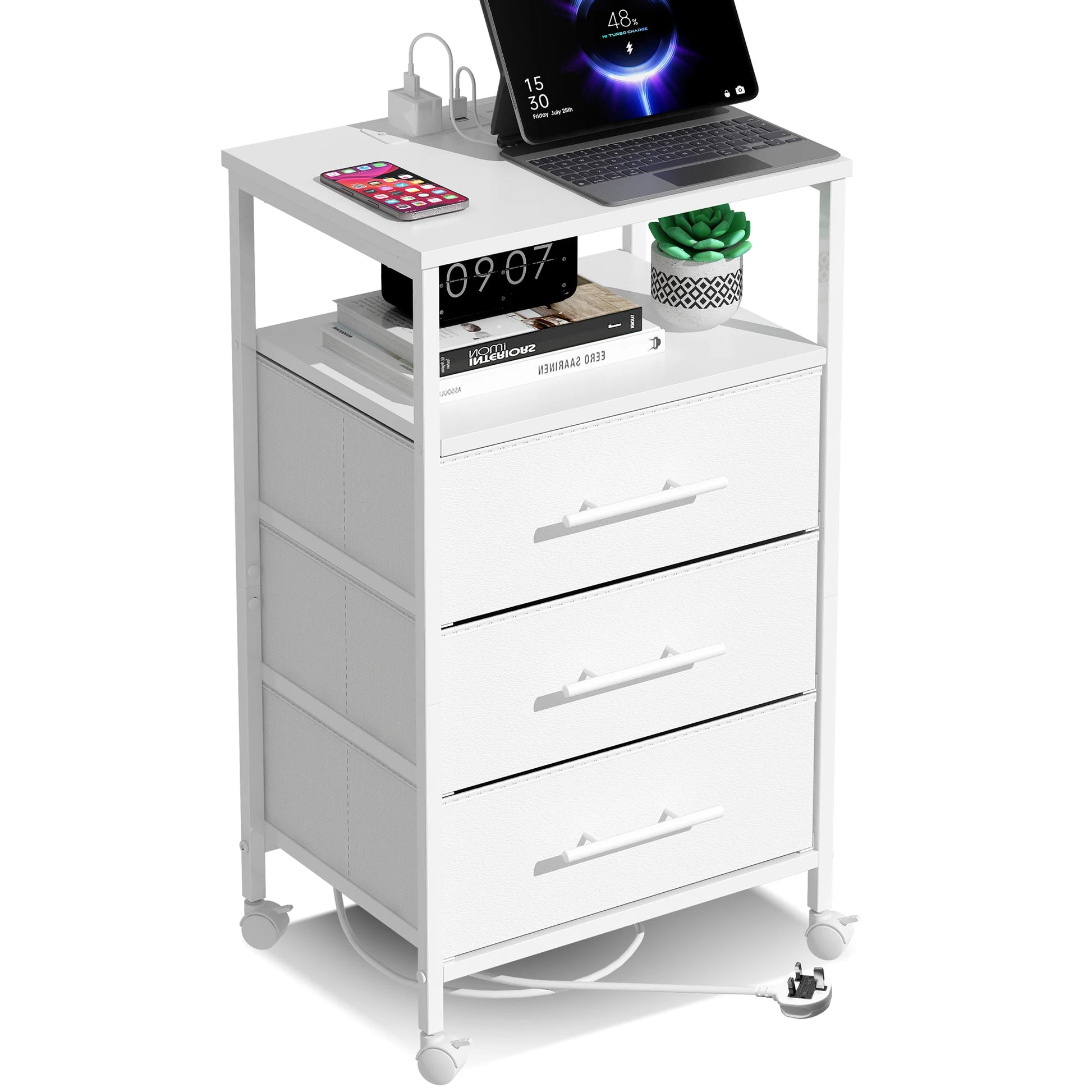 White rolling cart with drawers and a laptop on top, on a white background
