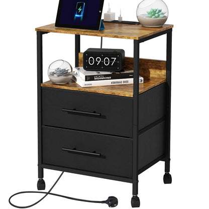 Black metal nightstand with wooden top featuring a tablet, alarm clock, and books.