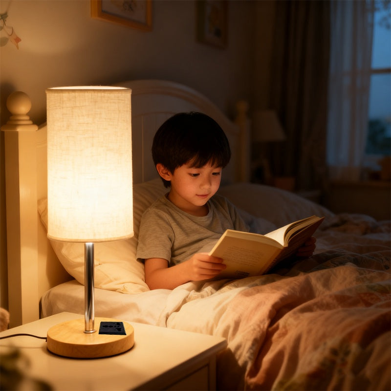 Child reading a book in bed under a lamp in a cozy bedroom.