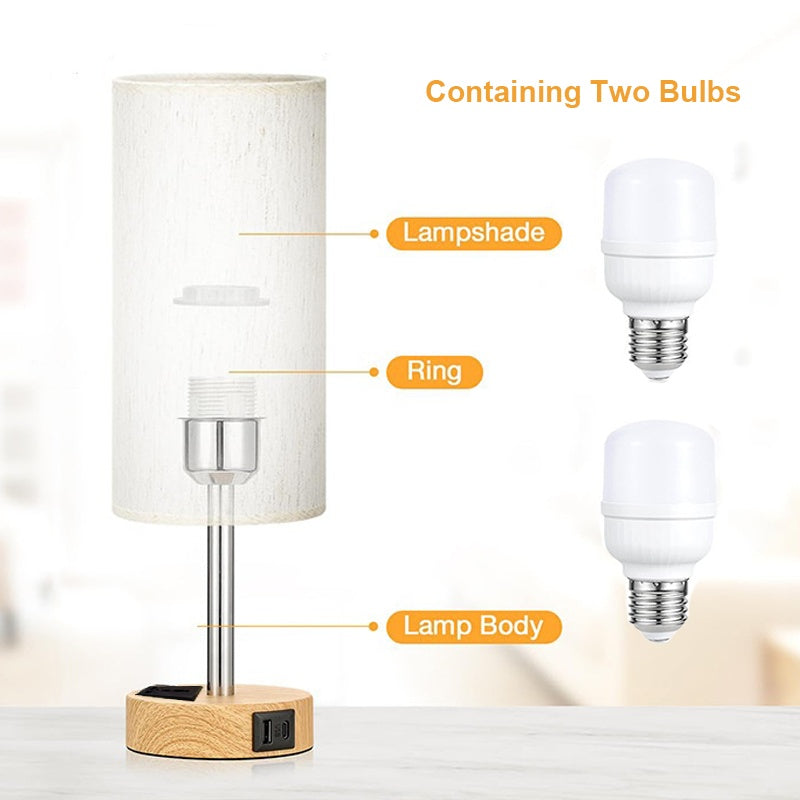 Lamp with labeled parts including lampshade, ring, lamp body, and two bulbs on a white background.
