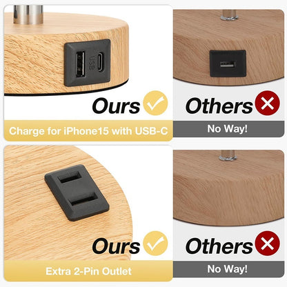 Comparison of a wooden charging station with USB-C and 2-pin outlets labeled 'Ours' and 'Others'.