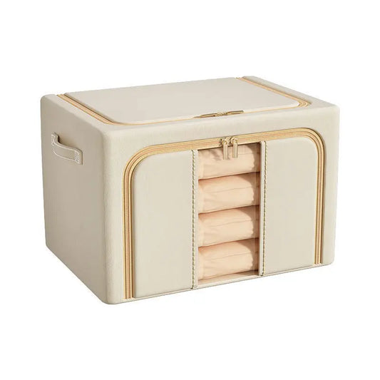 Beige storage box with wooden items on a white background