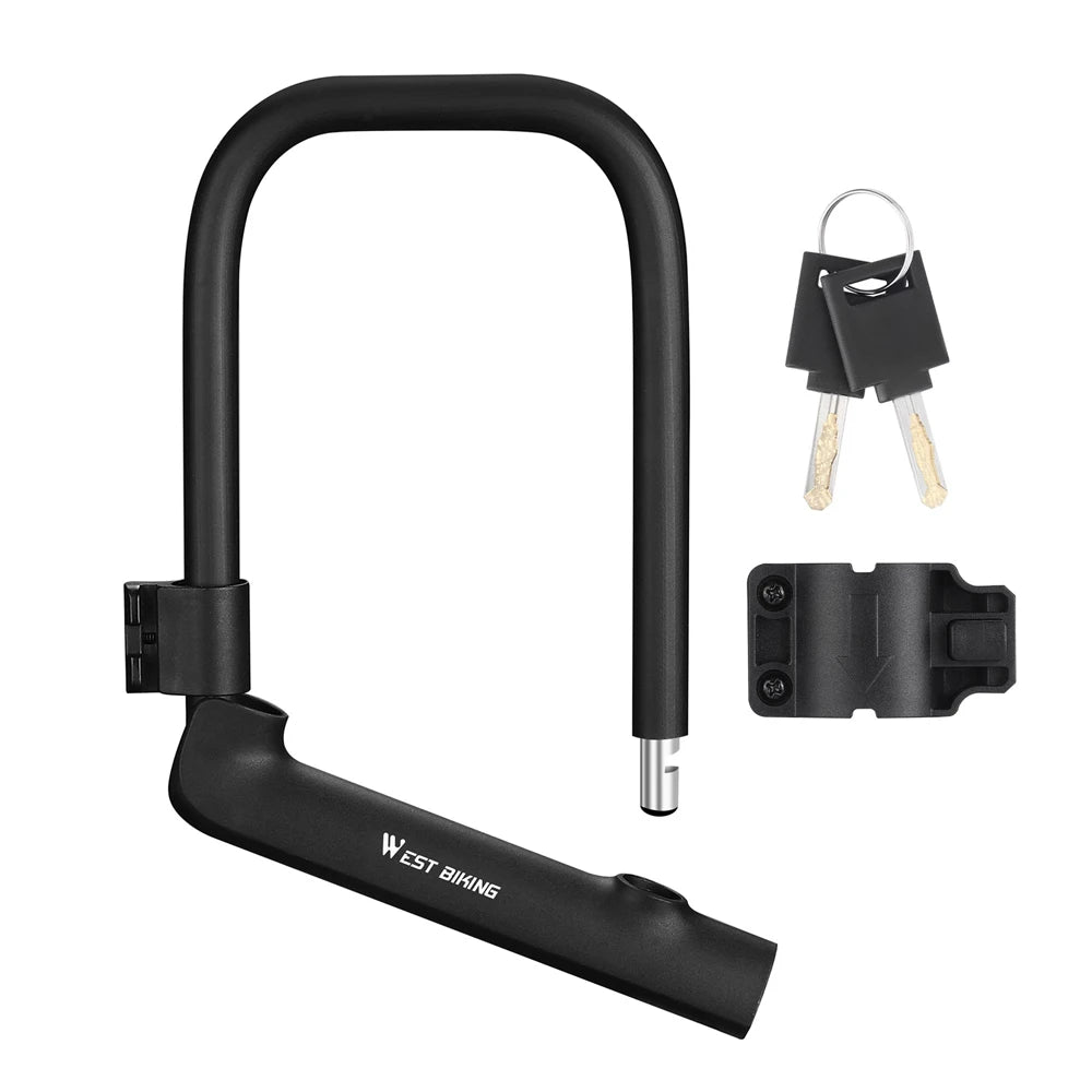 Black U-shaped bike lock with mounting bracket and keys on a white background