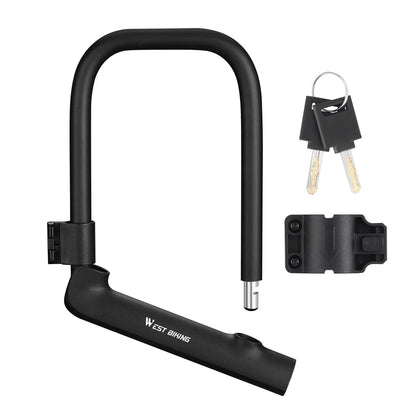 Black U-shaped bike lock with mounting bracket and keys on a white background