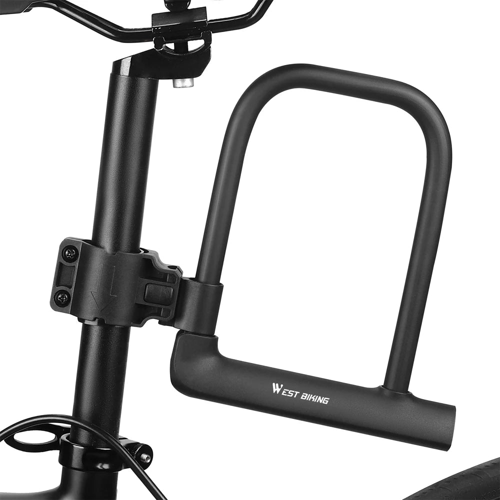 Close-up of a black bicycle handlebar with 'West Biking' branding on a white background