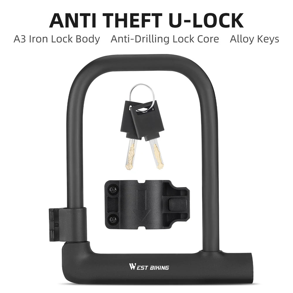 Black anti-theft U-lock with keys on a white background, featuring the brand 'West Biking'.