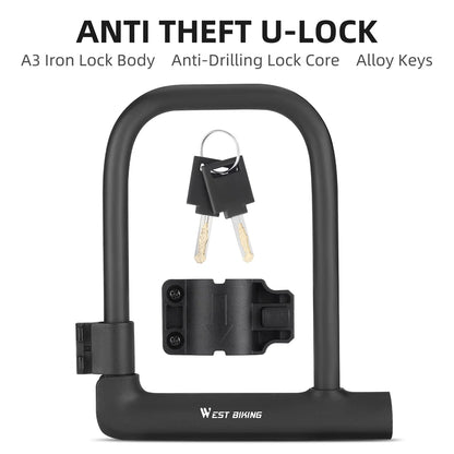 Black anti-theft U-lock with keys on a white background, featuring the brand 'West Biking'.