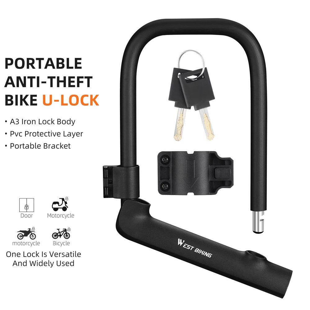 Black portable anti-theft bike U-lock with keys on a white background