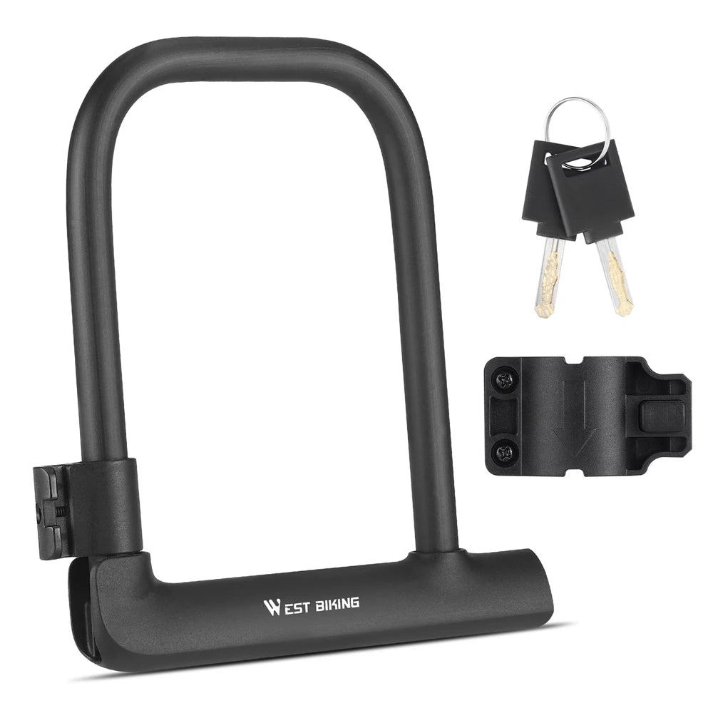 Black bicycle lock with mounting bracket and keys on a white background