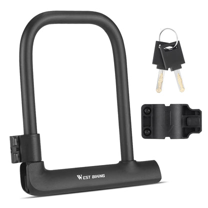 Black bicycle lock with mounting bracket and keys on a white background