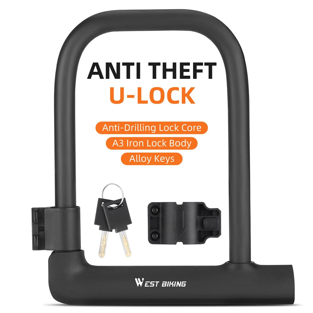 Black anti-theft U-lock with keys on a white background, featuring West Biking branding.
