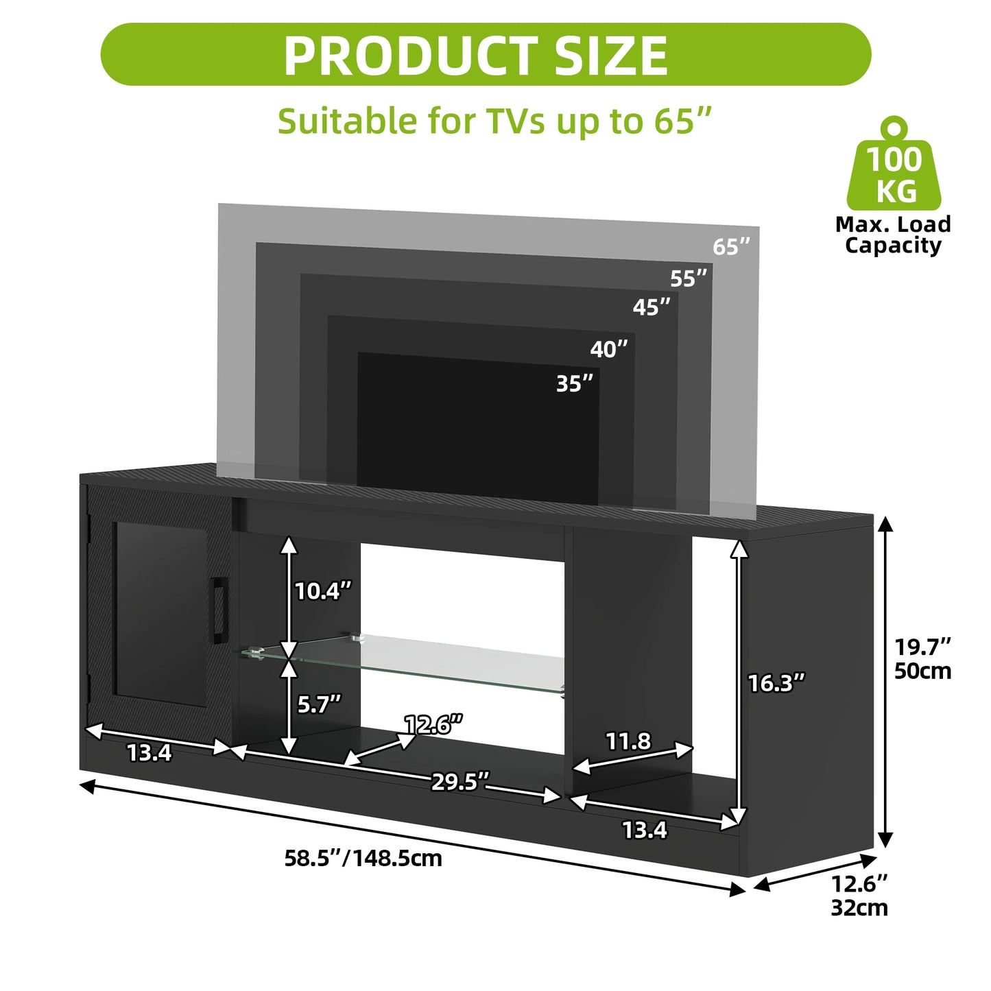 Black TV stand with dimensions and compatibility for TVs up to 65".