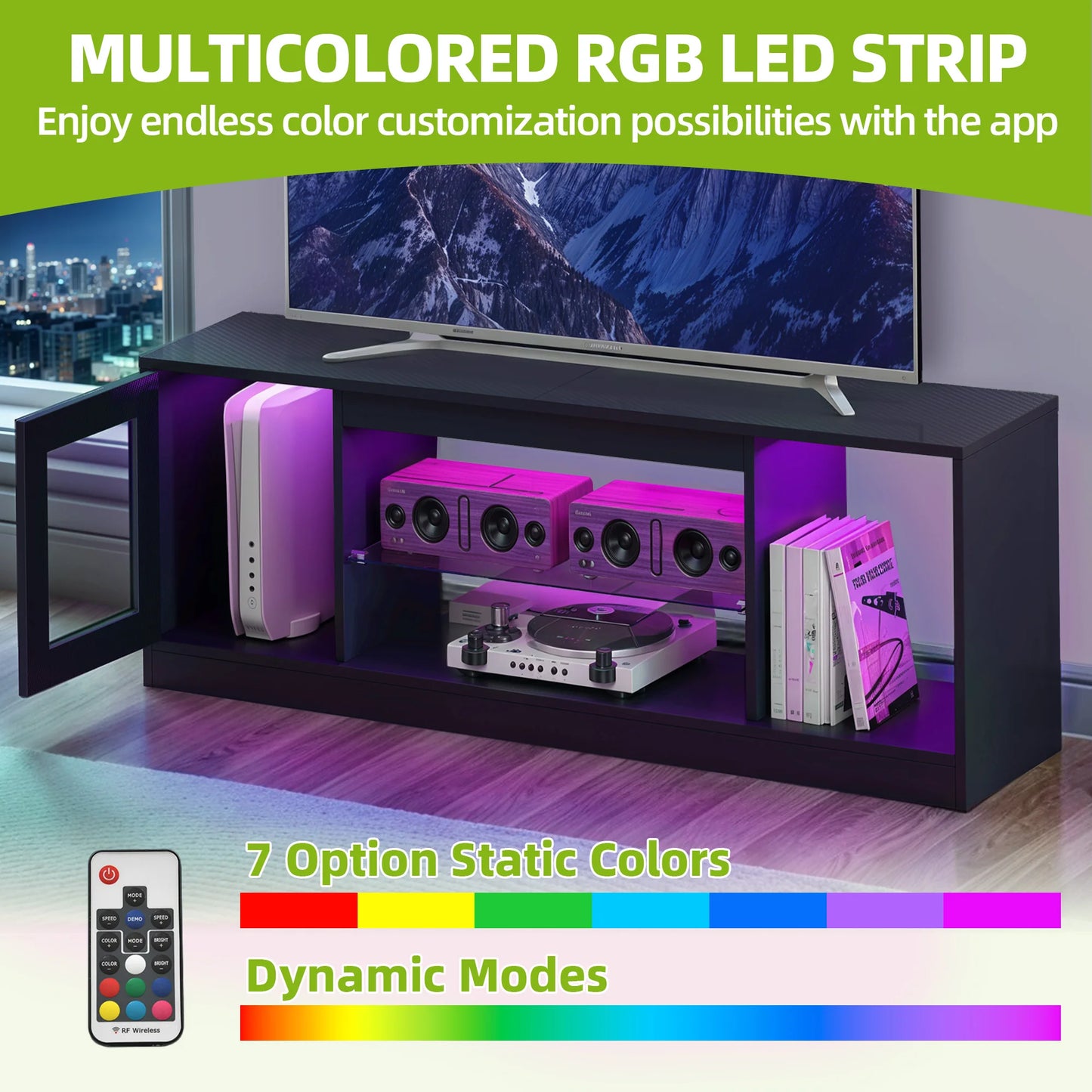 Multicolored RGB LED strip with app control in a home entertainment setup.