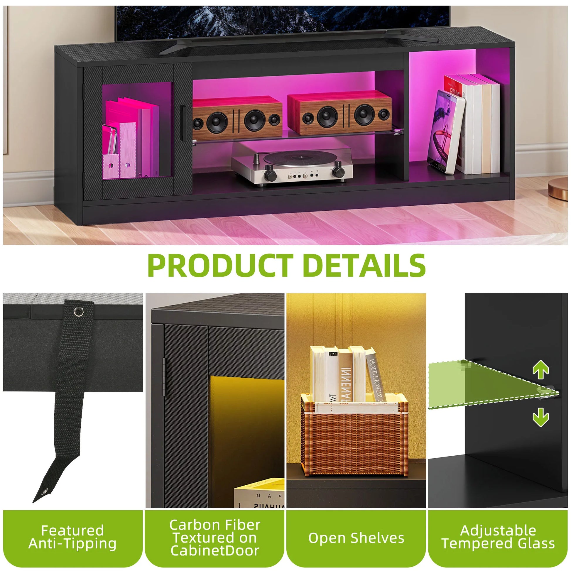 Black entertainment console with pink and purple lighting, featuring anti-tipping feature and adjustable tempered glass.