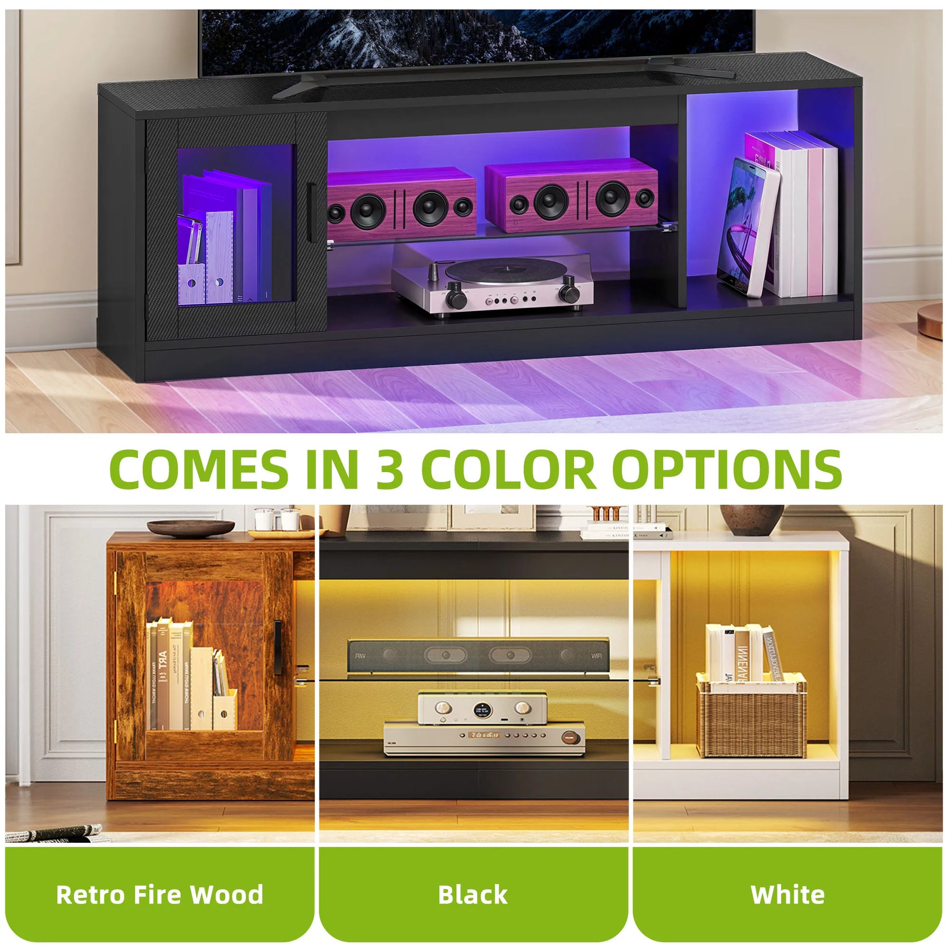 TV stand with colorful LED lighting options displayed on a wooden floor.