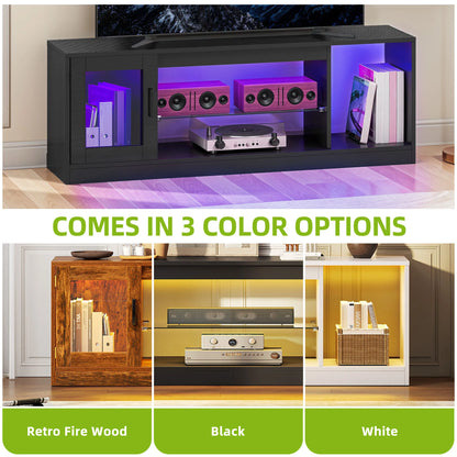 TV stand with colorful LED lighting options displayed on a wooden floor.