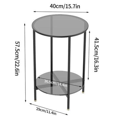 Round side table with dimensions labeled on a white background