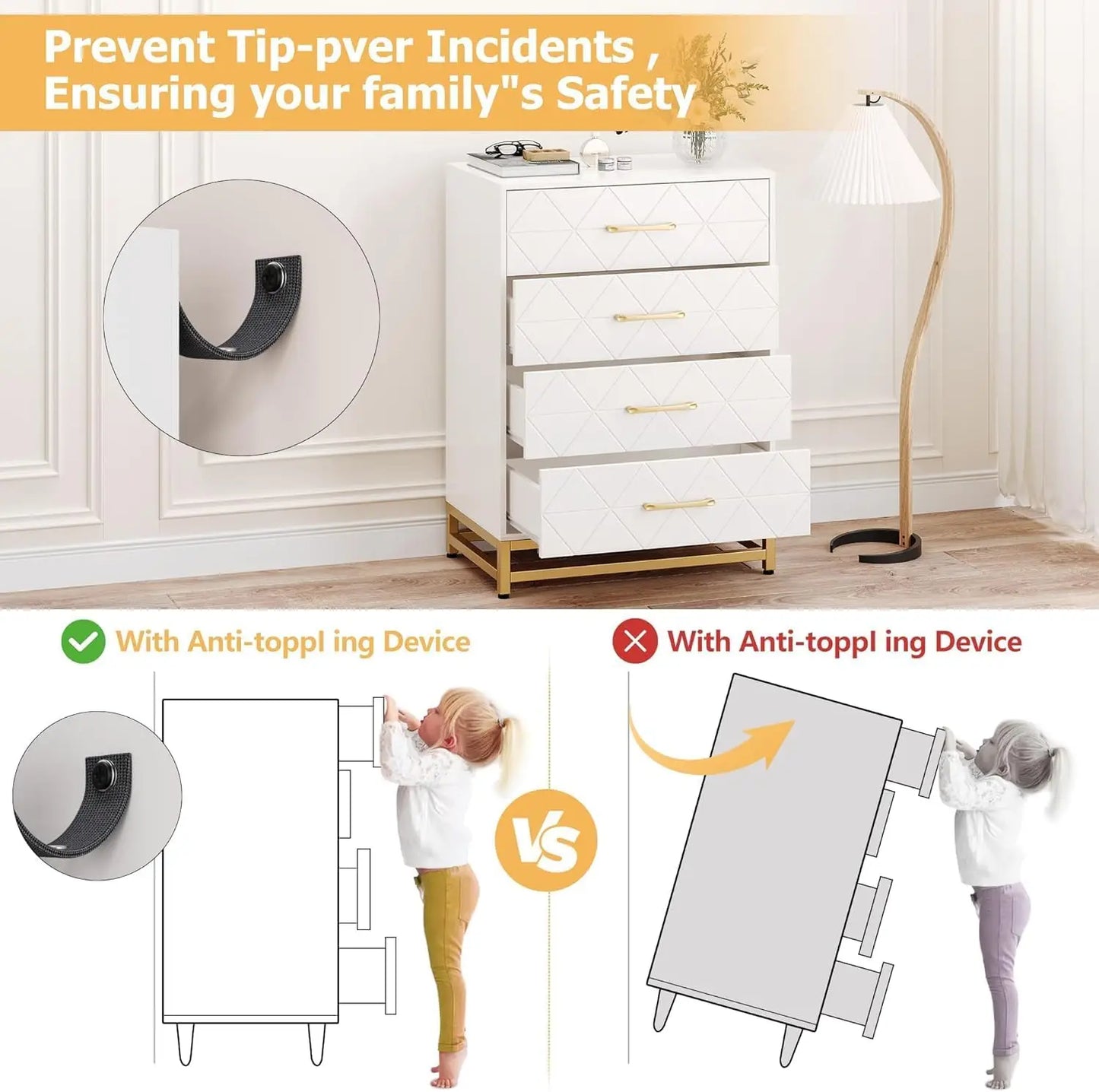 White dresser with anti-toppling device illustration, showing safety benefits.