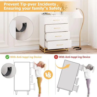 White dresser with anti-toppling device illustration, showing safety benefits.
