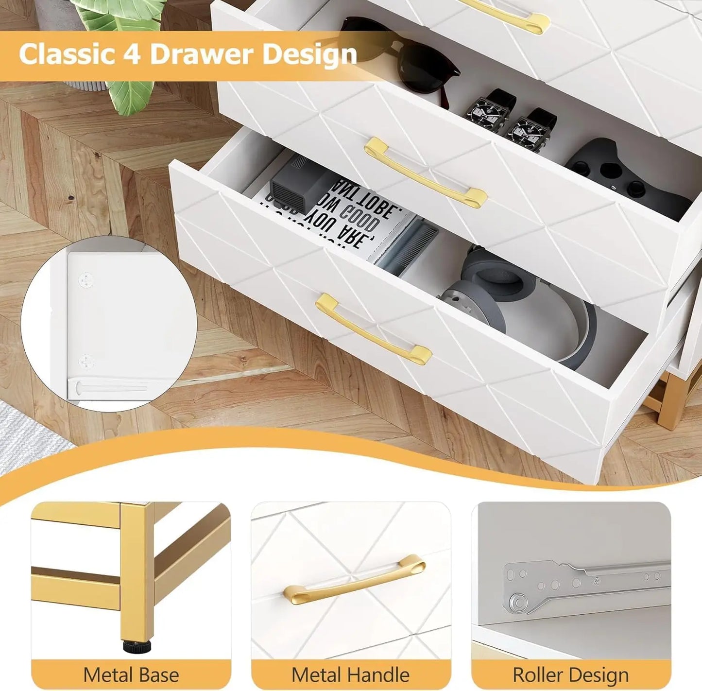 White dresser with gold handles on a wooden floor, showing open drawers with items inside.