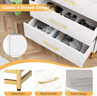 White dresser with gold handles on a wooden floor, showing open drawers with items inside.