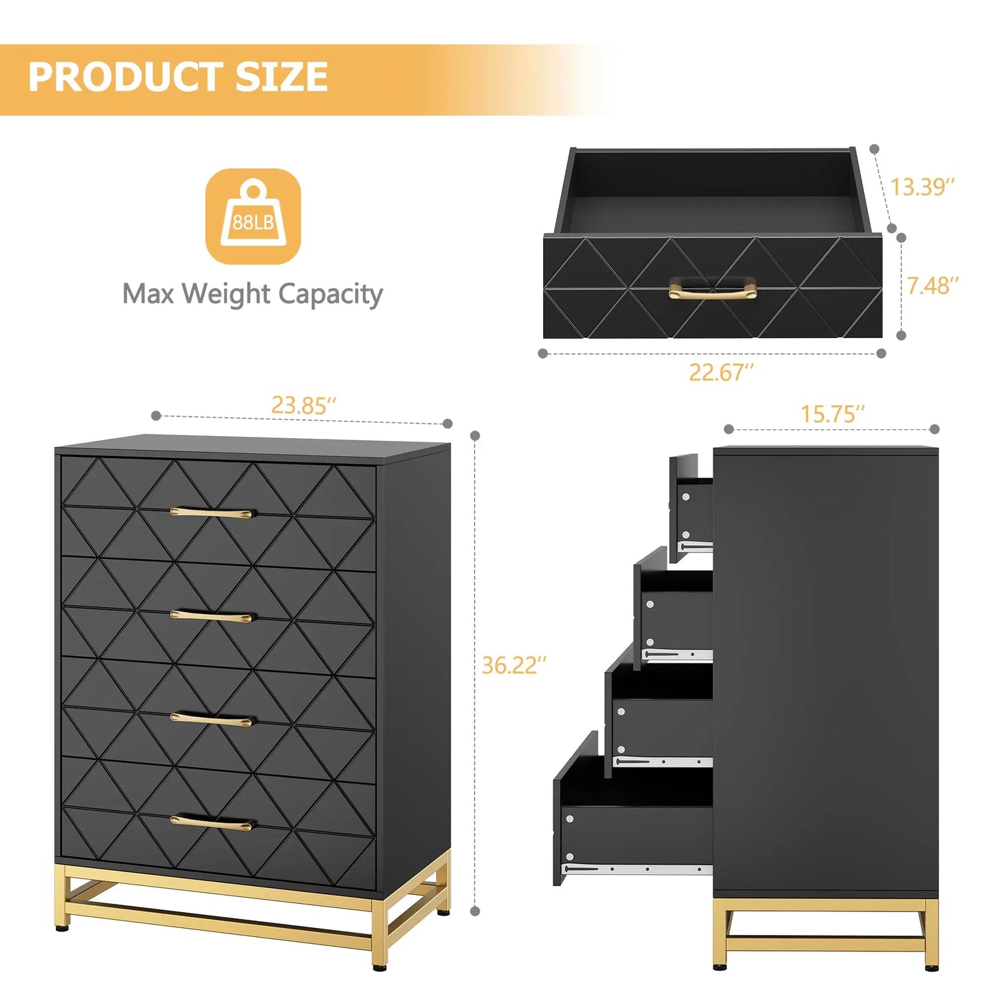 Black dresser with gold accents and measurements on a white background