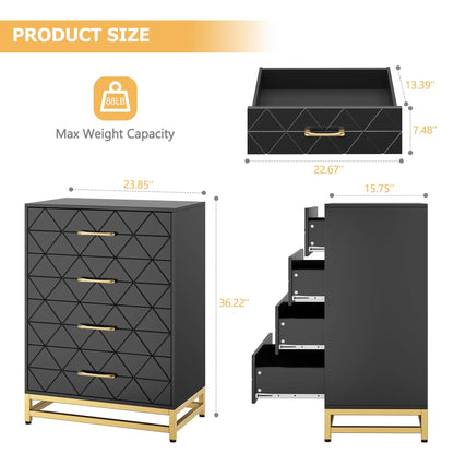Black dresser with gold accents and measurements on a white background