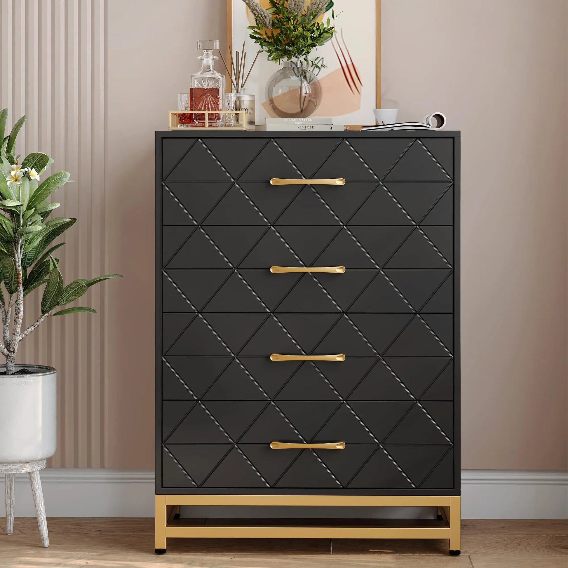 Black dresser with gold accents in a room setting
