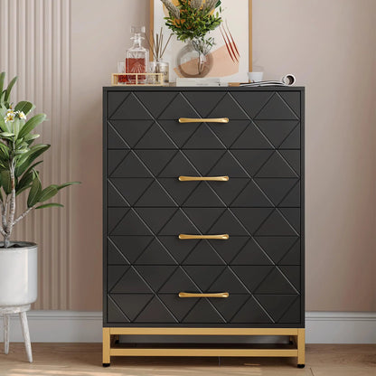 Black dresser with gold accents in a room setting