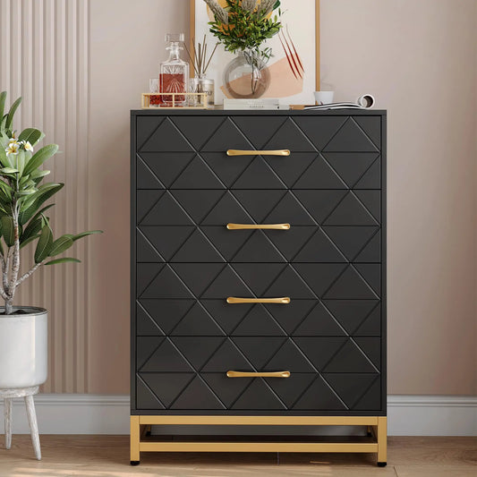 Black dresser with gold accents in a room setting