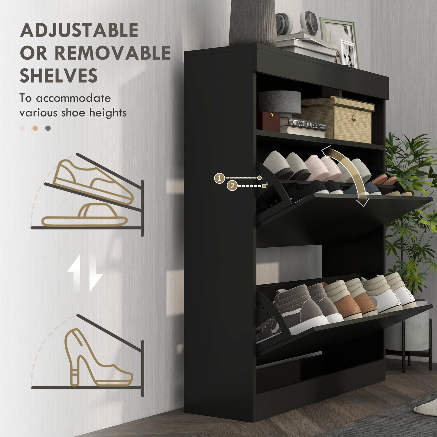 Black shoe cabinet with adjustable/removable shelves displaying various shoes, with text on the left about shelf options.