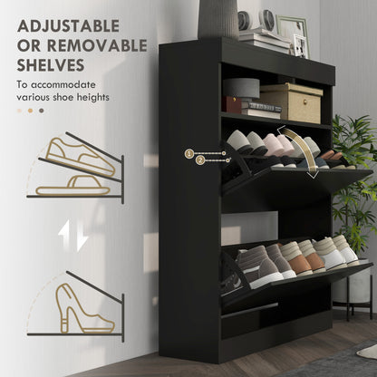 Black shoe cabinet with adjustable/removable shelves displaying various shoes, with text on the left about shelf options.