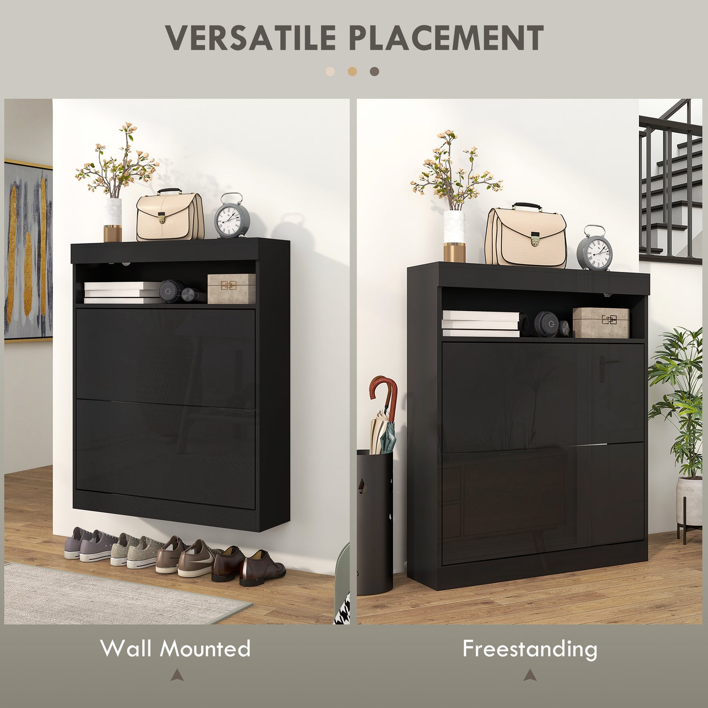 Black shoe cabinet shown in wall-mounted and freestanding configurations with various items on top.