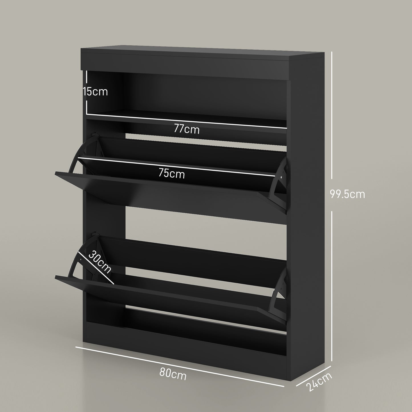 Black metal tool cabinet with dimensions indicated on a gray background