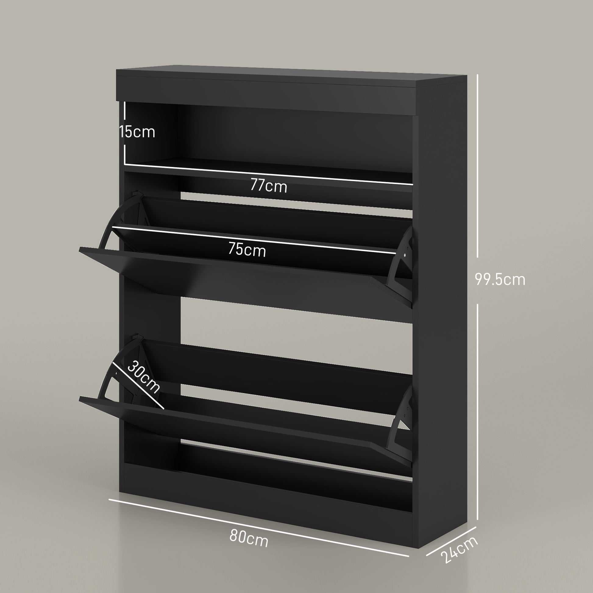 Black metal tool cabinet with dimensions indicated on a gray background