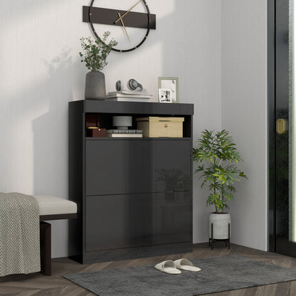 Modern interior with a dark gray shoe cabinet, plants, and a clock on the wall.