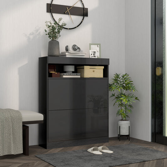 Modern interior with a dark gray shoe cabinet, plants, and a clock on the wall.