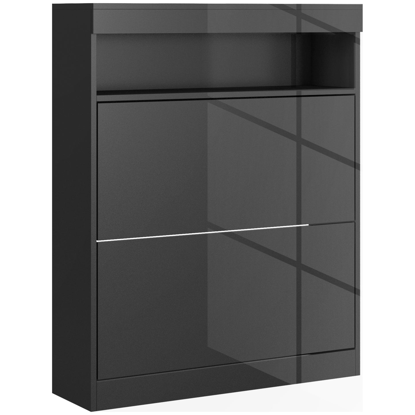 Black high-gloss shoe cabinet with three drawers on a white background