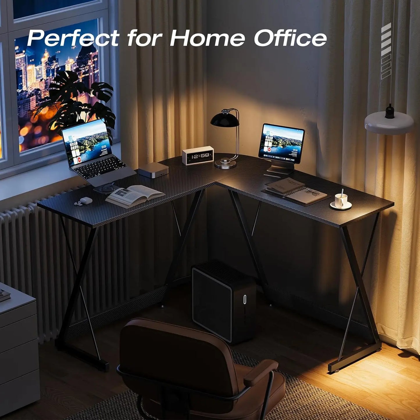 Modern home office setup with a large L-shaped desk, chairs, and computer equipment.