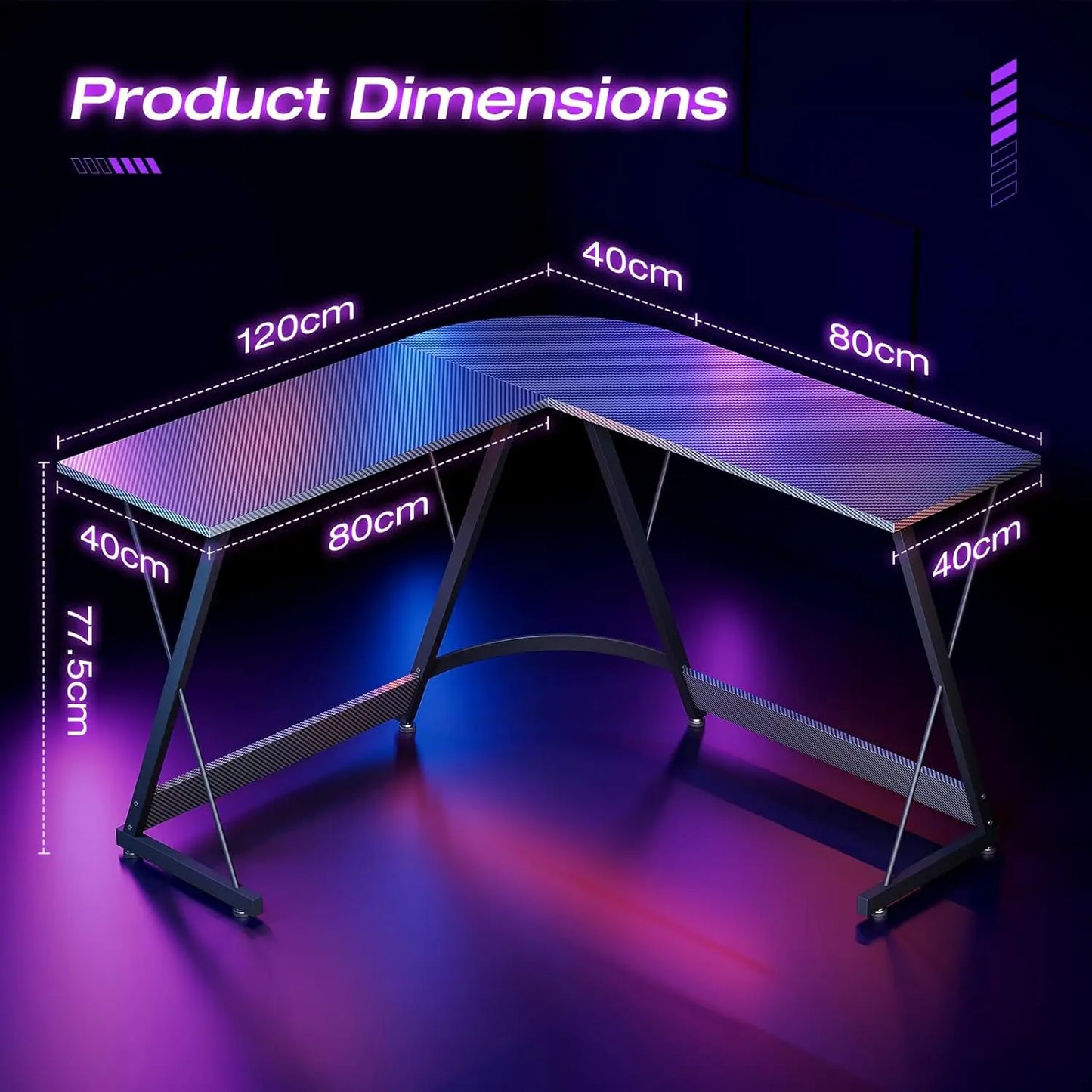 L-shaped desk with dimensions labeled on a dark background