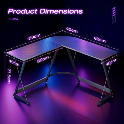 L-shaped desk with dimensions labeled on a dark background