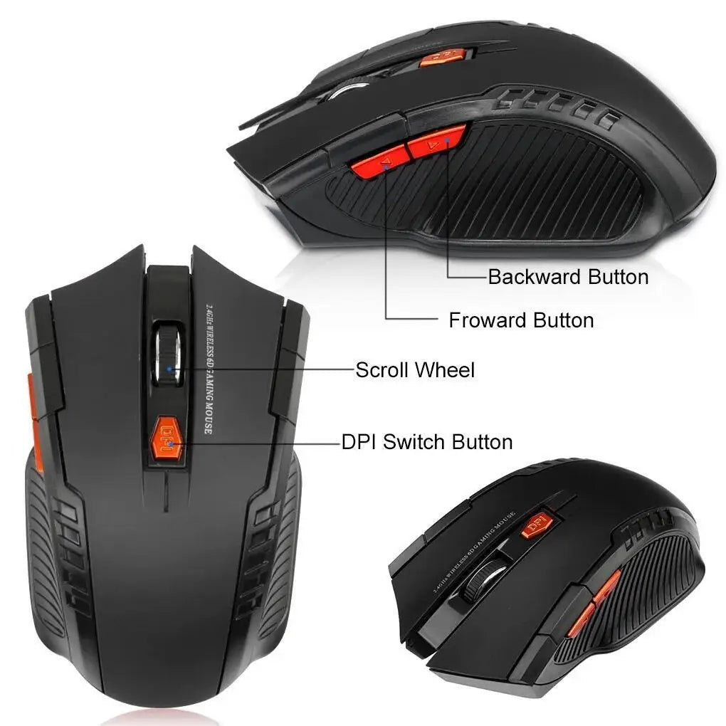 Black gaming mouse with labeled buttons on a white background