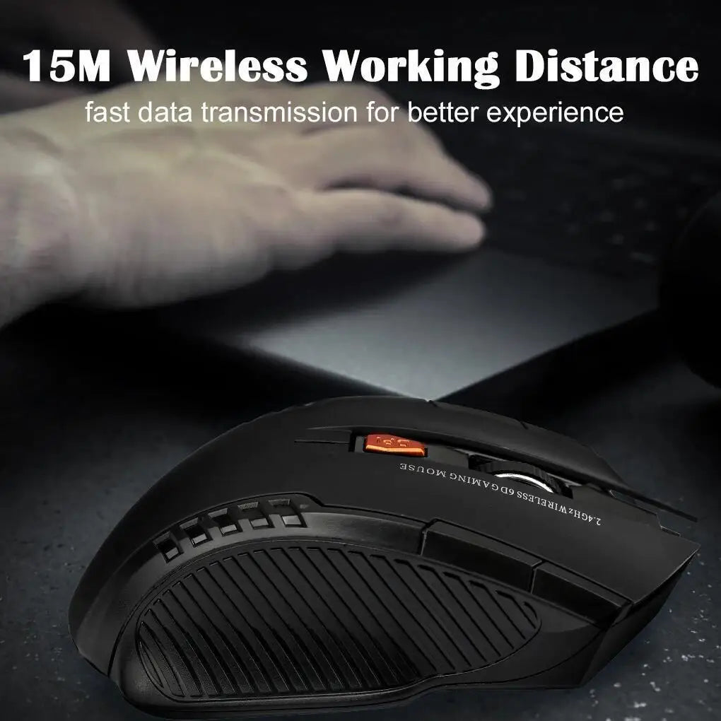 Black gaming mouse with text about wireless working distance on a dark background