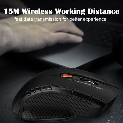 Black gaming mouse with text about wireless working distance on a dark background