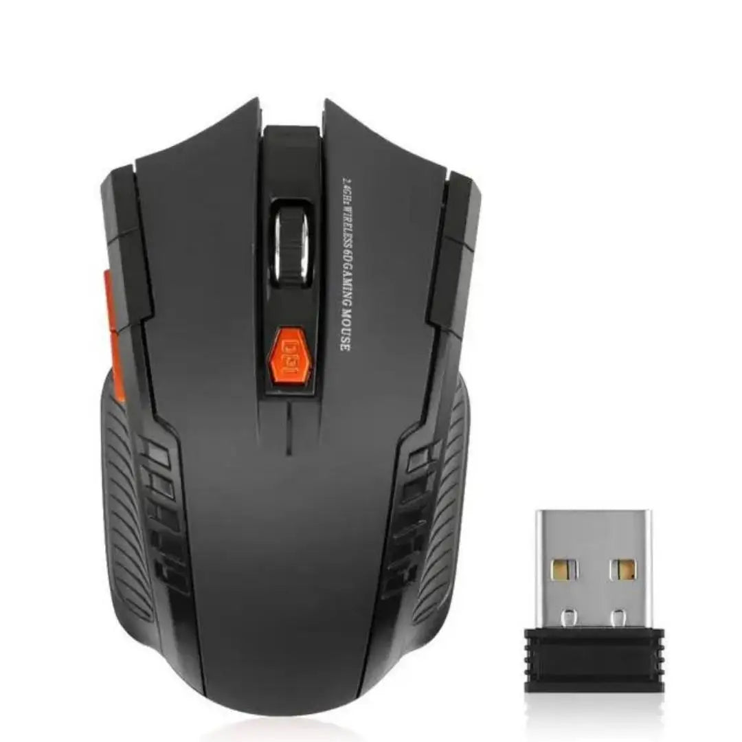 Black gaming mouse with USB receiver on a white background