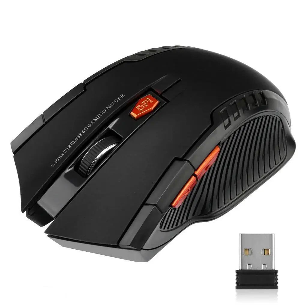 Black gaming mouse with USB receiver on a white background